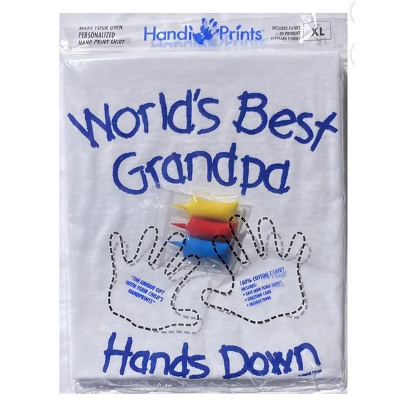 Words Best grandpa white T shirt Sz L with painting kit yellow, red & blue hand - Picture 1 of 7